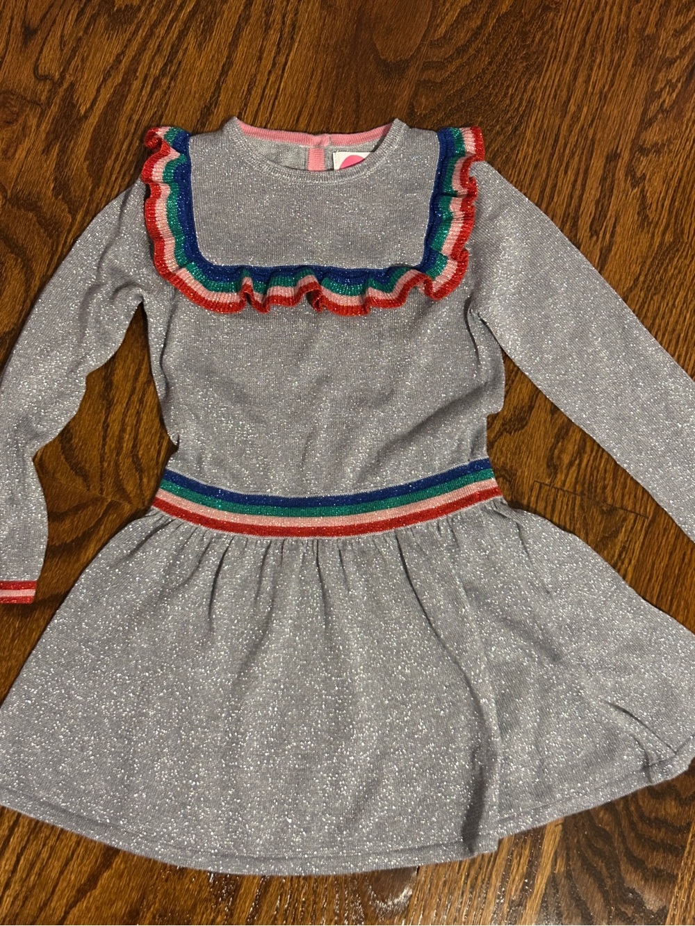Mini Boden Silver Sparkle Knit Dress with Pink Trim
